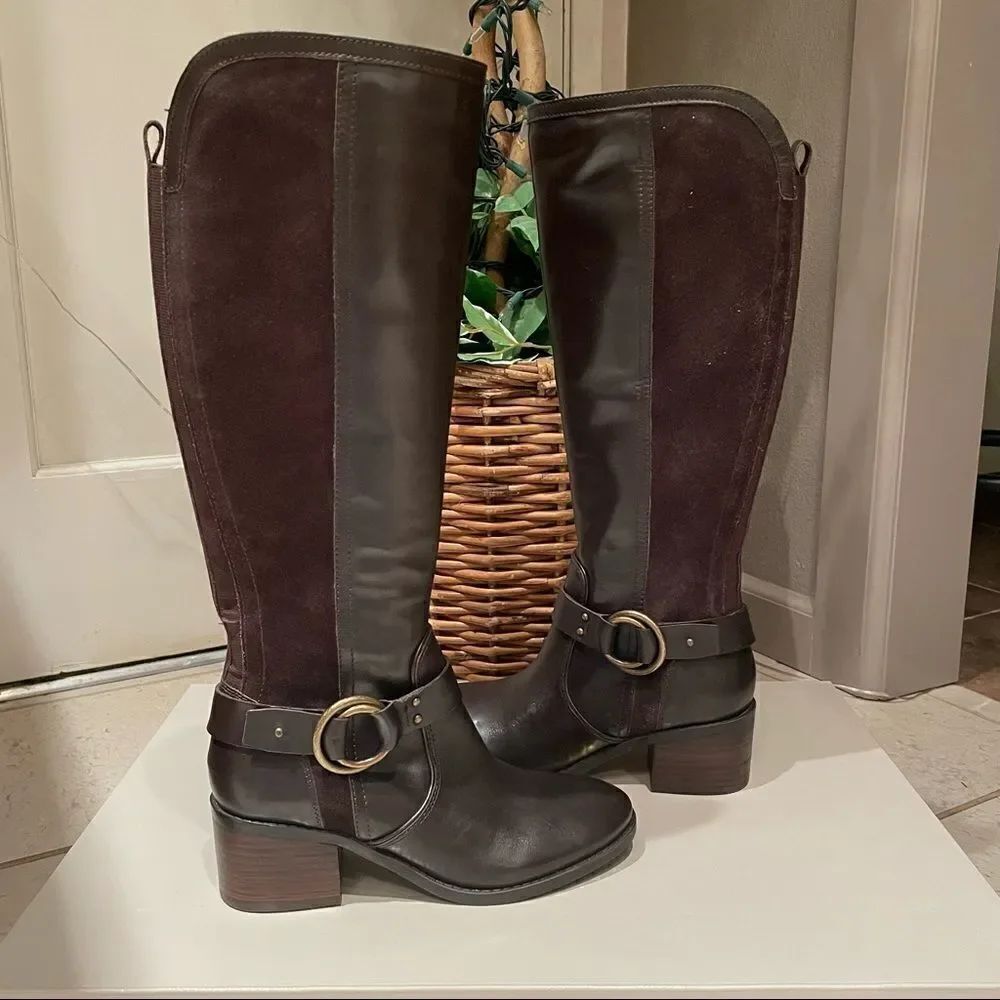 New in Box Marc Fisher Dark Brown Real Leather Risa block heel Riding Boots